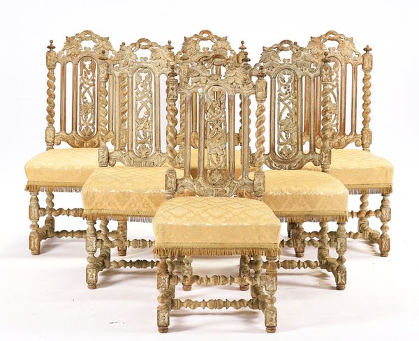 A SET OF SIX VICTORIAN BLEACHED OAK 17TH CENTURY STYLE DINING CHAIRS