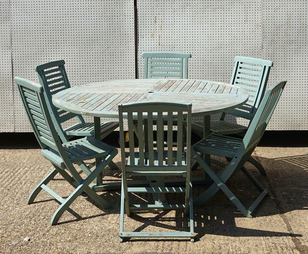 A CIRCULAR SLATTED PAINTED HARDWOOD GARDEN TABLE