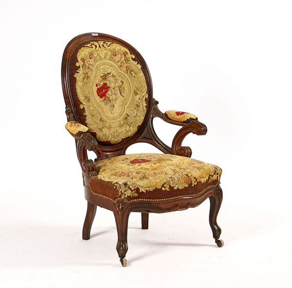 A NAPOLEON III ROSEWOOD OPEN ARMCHAIR