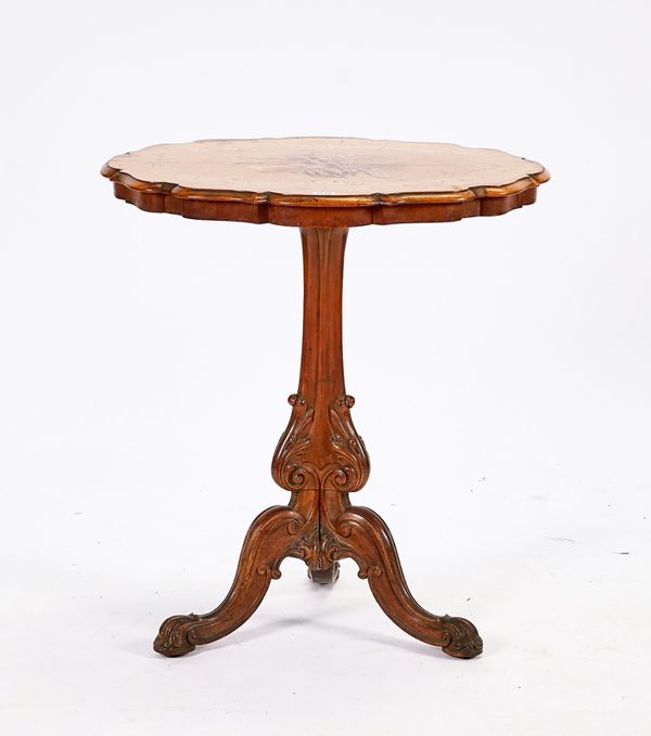 A VICTORIAN SATINWOOD CARTOUCHE-SHAPED TRIPOD TABLE