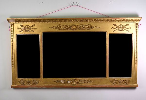 A REGENCY STYLE GILTWOOD TRIPLE PLATE OVERMANTEL MIRROR