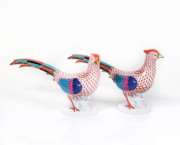 A pair of Herend porcelain rust fishnet pheasants