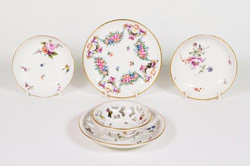 THREE MEISSEN PORCELAIN SAUCERS AND TWO OTHERS