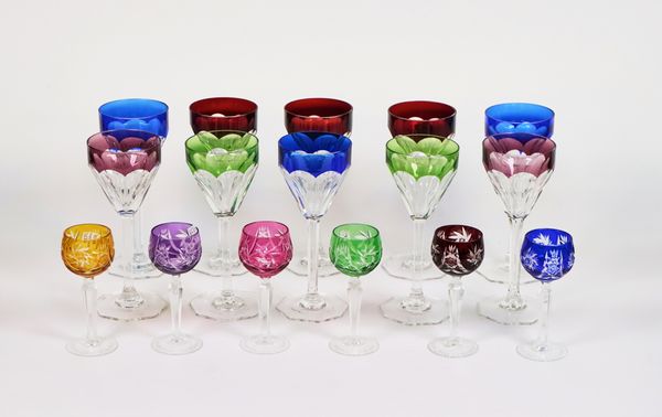 A harlequin set of ten Czech hock glasses