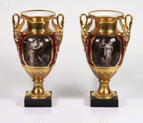 A PAIR OF PARIS PORCELAIN CLARET AND GILT GROUND TWO-HANDLED VASES