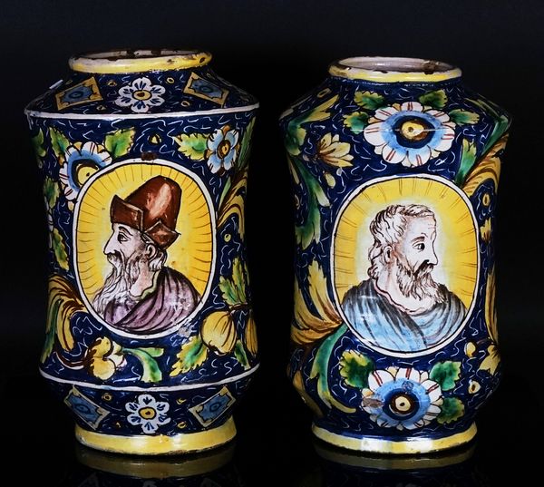 Two similar large Italian maiolica albarelli