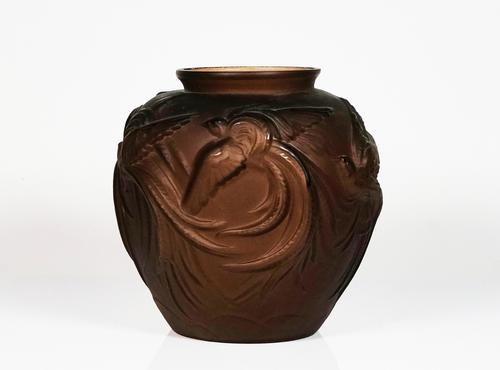 A FRENCH FROSTED AND BROWN GLASS VASE