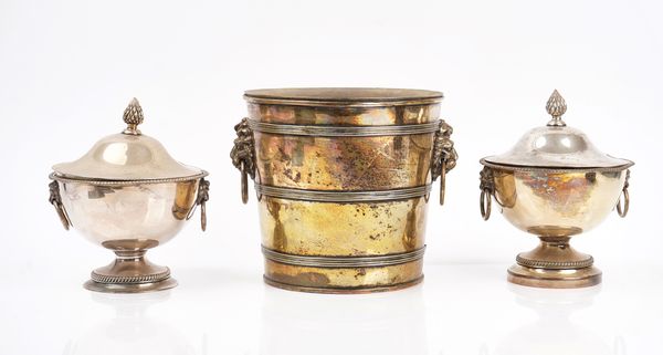 A plated on copper wine cooler and two similar lidded sauce tureens (3)