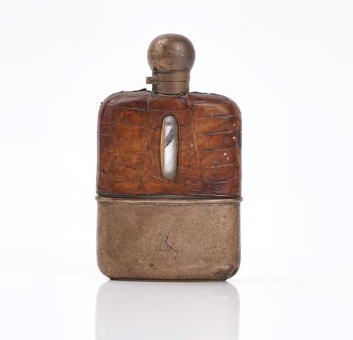 A Victorian silver and leather mounted glass curved rectangular spirit flask and a pair of silver salts (3)