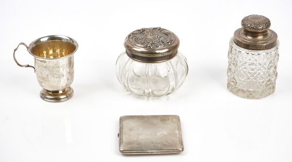 A silver mounted glass cotton wool jar and three further items (4)