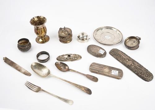 A silver mustard pot frame and fourteen further items of silver (15)