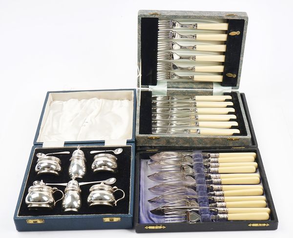 A silver six piece condiment set and further items (3 cases)