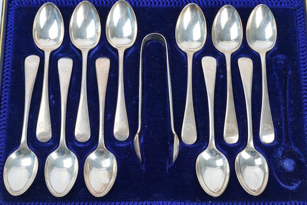 Eleven Victorian silver teaspoons and a matching pair of sugar tongs