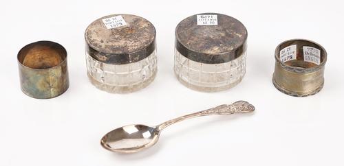 Two silver lidded faceted glass toilet jars and further silver items (5)