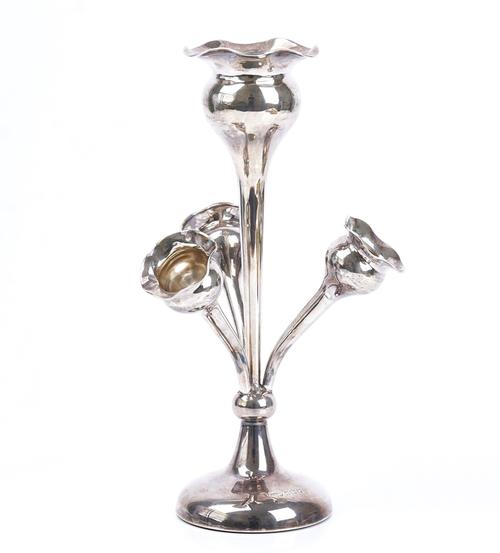 A silver table centrepiece flower stand