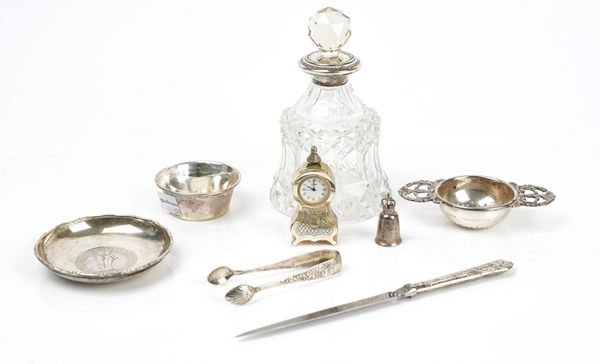 A silver mounted faceted glass scent bottle and stopper and six further items (7)