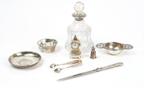A silver mounted faceted glass scent bottle and stopper and six further items (7)