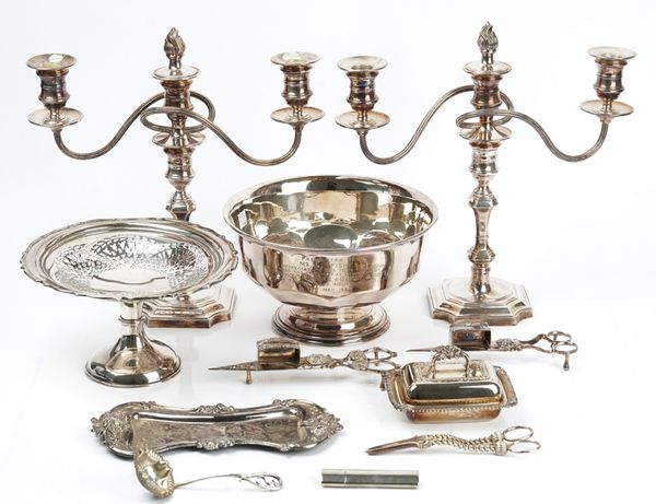 A pair of plated three light table candelabra and further plated wares (11)