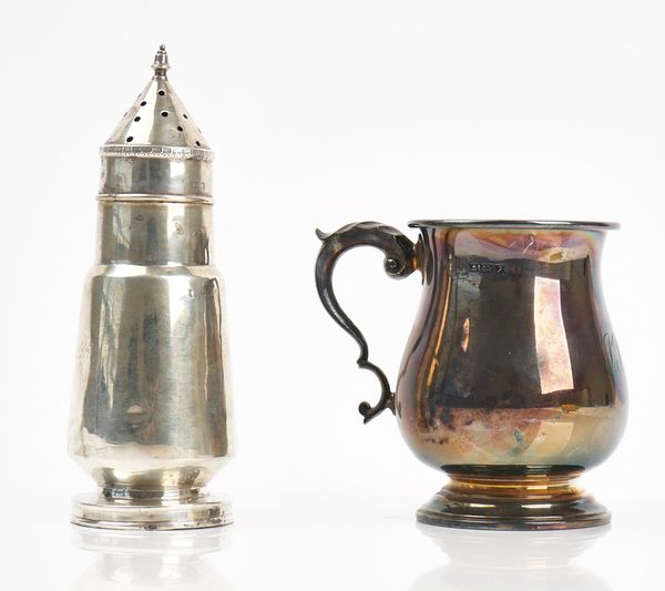 A silver mug and a silver sugar caster (2)