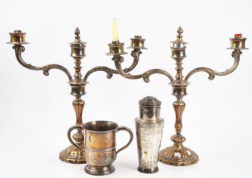 A plated cocktail shaker and two further plated items (3)