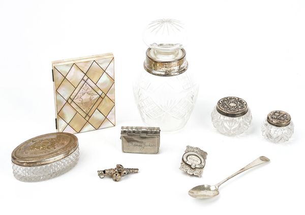 A silver mounted faceted glass jar and cover and eight further items (9)