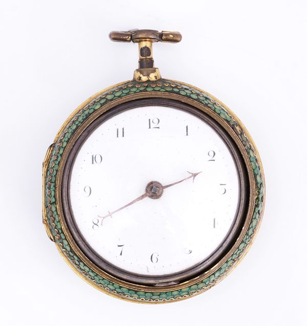 A silver gilt, gilt metal and shagreen pair cased openfaced pocket watch