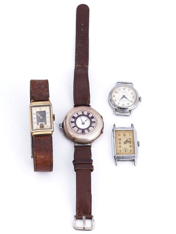 A silver cased half hunter wristwatch and three further wristwatches (4)
