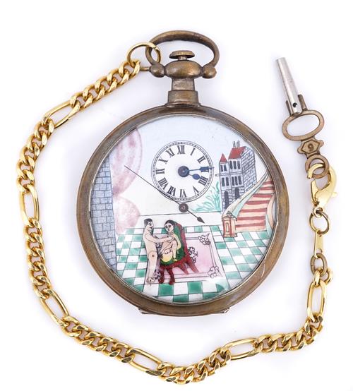 A Chinese formerly plated metal cased, key wind, openfaced erotic pocket watch
