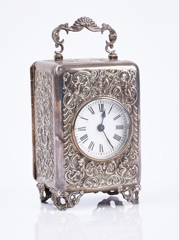 A late Victorian silver carriage clock timepiece
