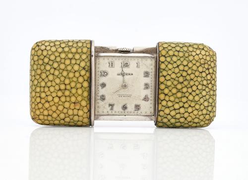 A Movado Ermeto silver and shagreen rectangular cased folding purse watch