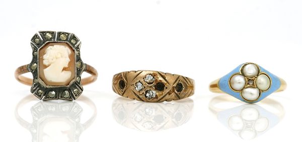 A Victorian gold, rose diamond, half pearl and pale blue enamelled ring and two further rings (3)