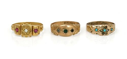 A gold, diamond and ruby three stone ring and two further Victorian rings (3)