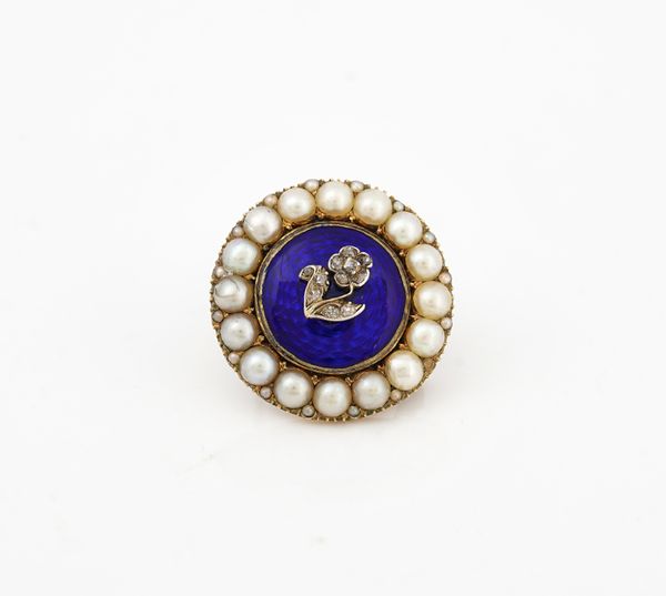 A Victorian gold, diamond and half pearl set and blue enamelled brooch