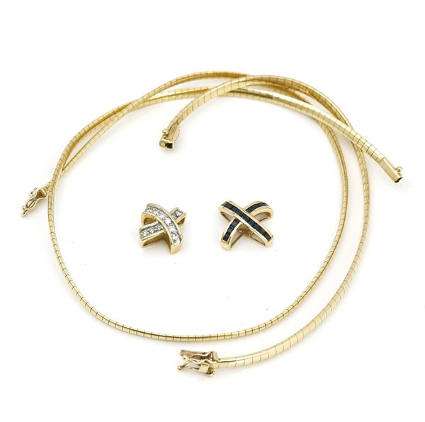 A gold necklace, a diamond pendant, a sapphire pendant and a gold bracelet (4)