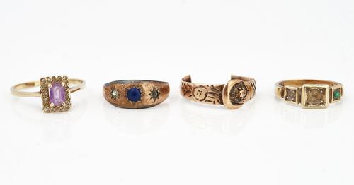 A 9ct gold, amethyst and diamond rectangular cluster ring and three further rings (4)