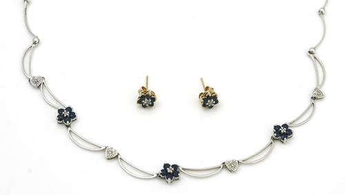 A sapphire and diamond set necklace and a pair of sapphire and diamond earstuds
