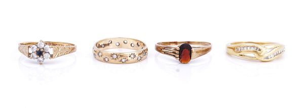 A gold and diamond ring and three further 9ct gold rings (4)