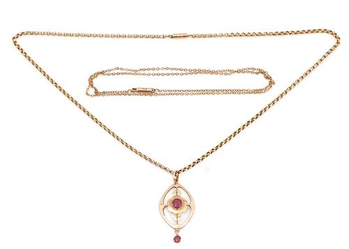 A 9ct gold and garnet two stone pendant and two gold neckchains (3)