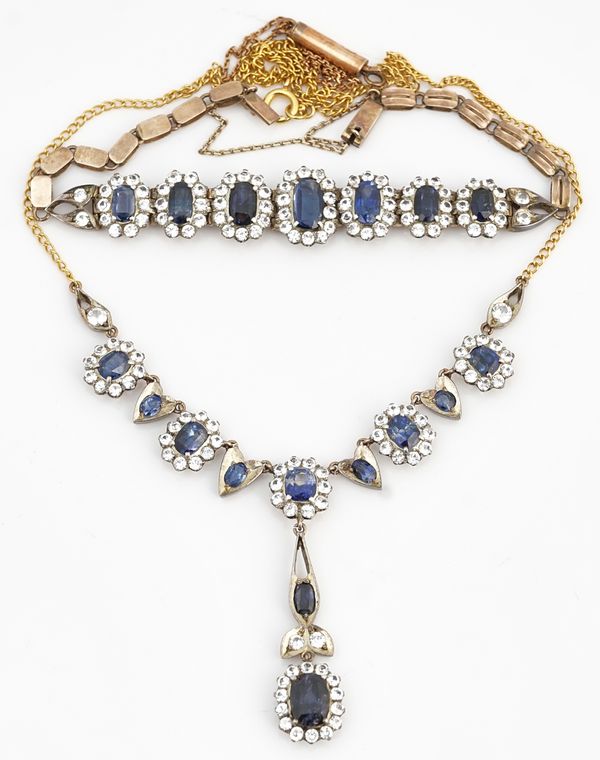 A Ceylonese sapphire and colourless gem set necklace and bracelet (3)