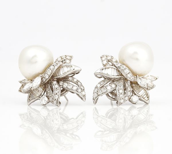 A pair of white gold, South Sea cultured pearl and diamond earclips