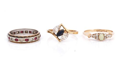 A gold, opal and diamond set ring and two further rings (3)