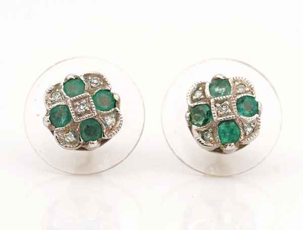 A pair of 9ct white gold, emerald and diamond cluster earstuds