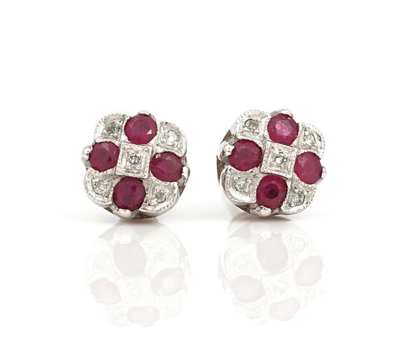 A pair of 9ct white gold, ruby and diamond cluster earstuds