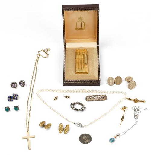 A Dunhill gilt metal rectangular cased gas lighter, with a Dunhill case and a collection of jewellery (15)