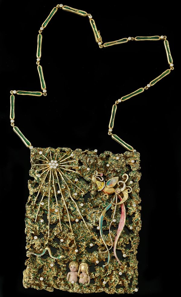 A silver gilt and diamond set, rectangular pendant with a diamond set neckchain by Anton Fruhauf