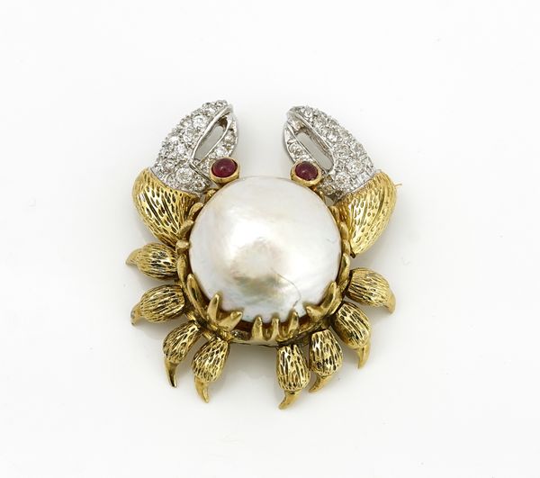 A two colour gold, diamond, cabochon ruby and mabe pearl brooch