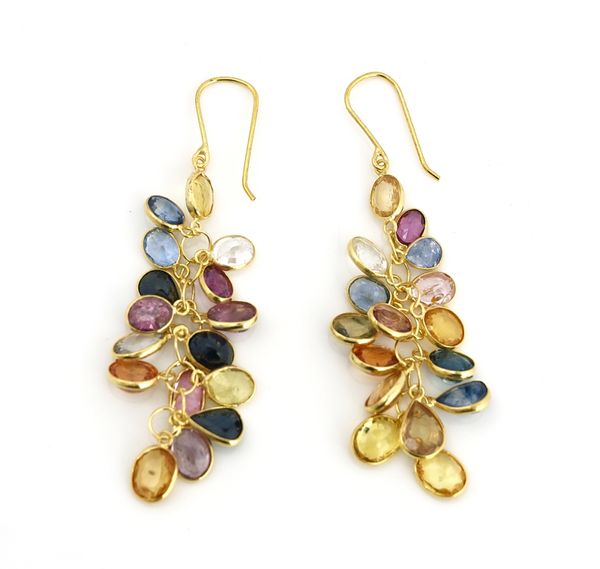 A pair of gold and varicoloured sapphire pendant earrings
