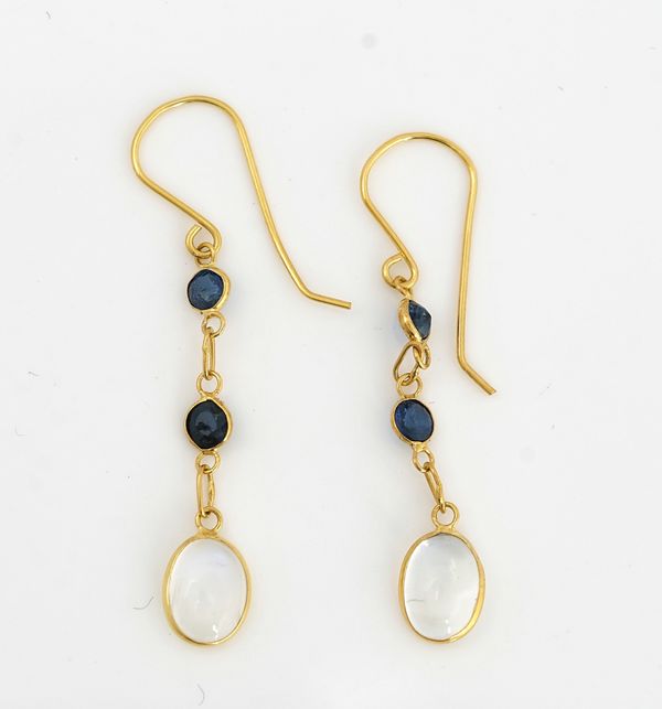 A pair of gold moonstone and sapphire pendant earrings