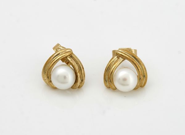 A pair of gold and cultured pearl earrings