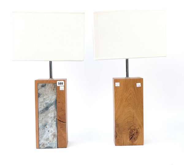 TWO MODERN OAK RECTANGULAR TABLE LAMPS